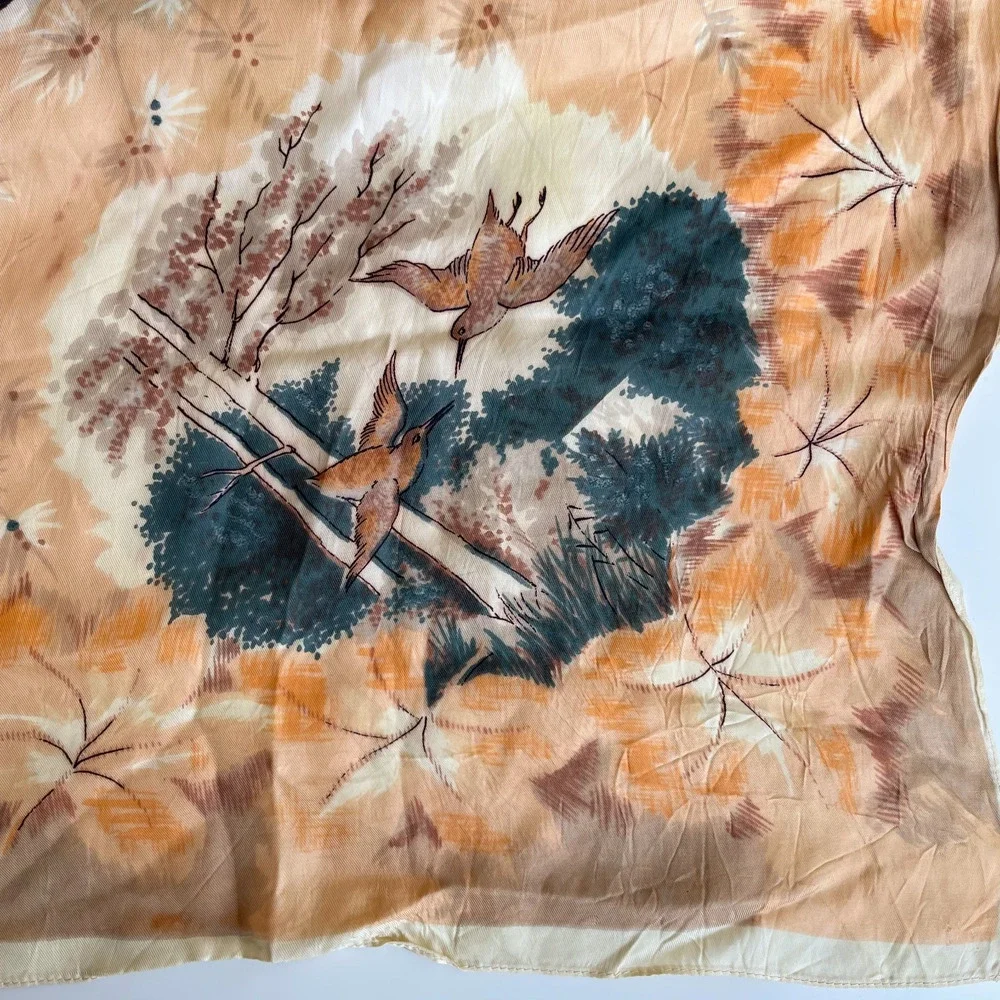 Vintage 70s Satin Bird Scarf Pheasants Country Earth Tones Wildlife Nature Hawk